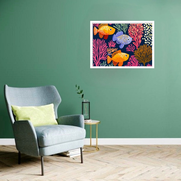 Quadro Decorativo Peixes Laranja Corais  - 50x70cm Moldura Br