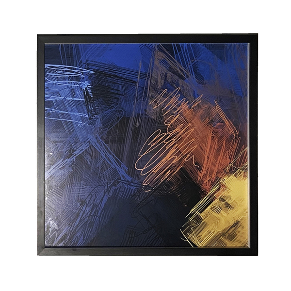 Quadro Decorativo com Vidro e Moldura de Madeira Pinceladas II Premium Azul 60x60cm