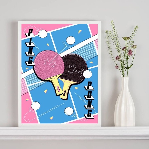 Quadro Decorativo Ping Pong - Azul E Rosa 24x18cm - Com Vidro