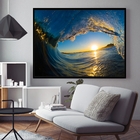 Quadro Decorativo Por Do Sol Meio A Onda Moldura Preto 120x80