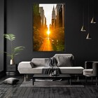 Quadro Decorativo Por Do Sol Na Cidade Vertical Com Moldura E