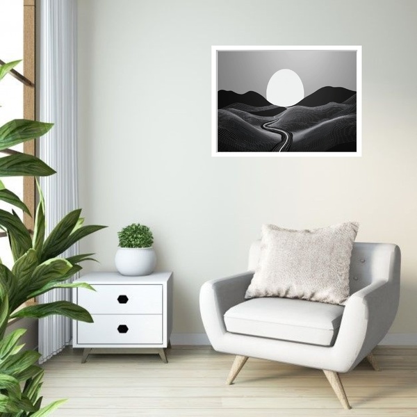 Quadro Decorativo Pôr Do Sol P&b Abstrato  - 50x70cm Moldura