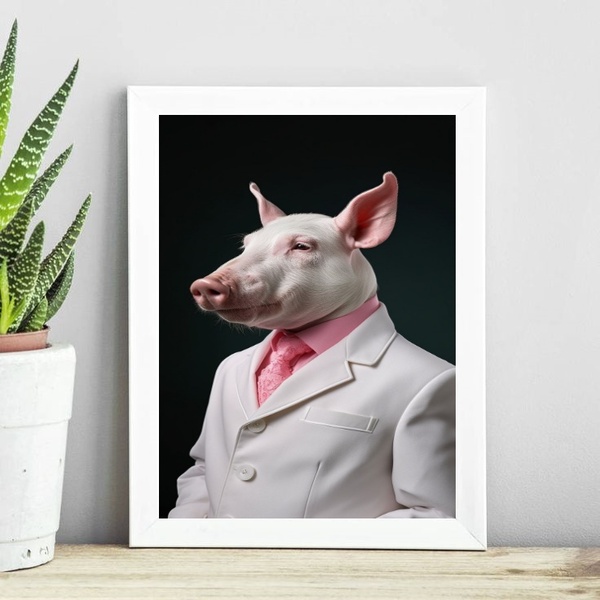 Quadro Decorativo Porco Elegante 24x18cm - Com Vidro Moldura: