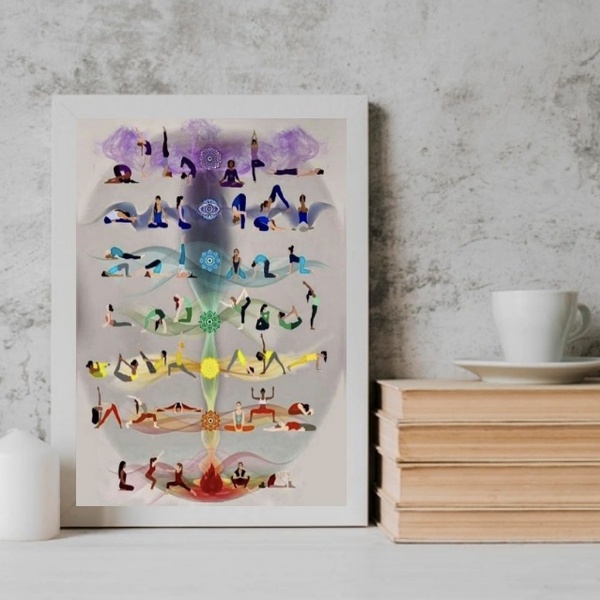 Quadro Decorativo Posições De Yoga chakras 24x18cm - Com Vidr