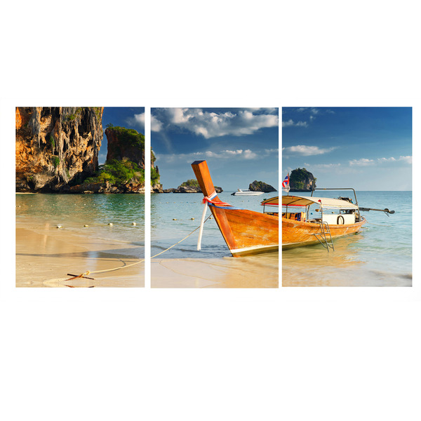 Quadro Decorativo Praia Barco  Mar 70x150 Trio