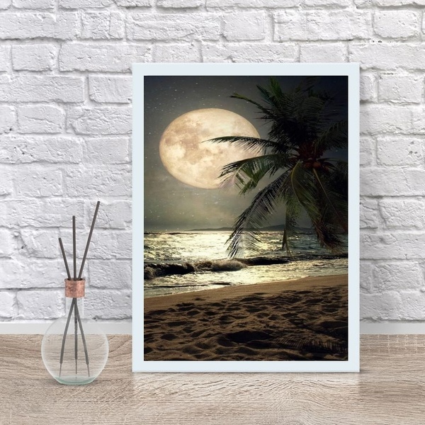 Quadro Decorativo Praia Com Lua Cheia 33x24cm - Com Vidro Mol