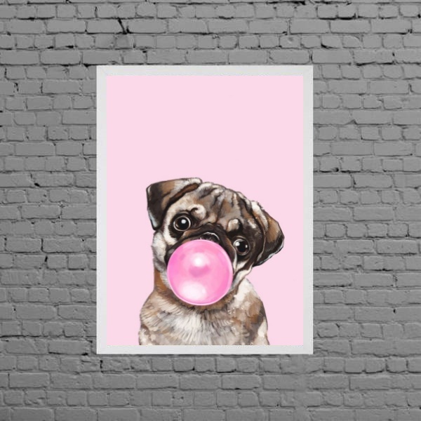 Quadro Decorativo Pug Bubble Gum 24x18cm Moldura:madeira Bran