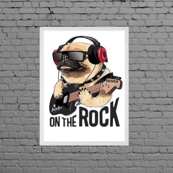 Quadro Decorativo Pug On The Rock 45x34cm - Com Vidro Moldura