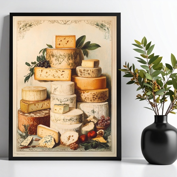 Quadro Decorativo Queijos Variados - Vintage 24x18cm - Com Vi