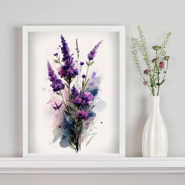 Quadro Decorativo Ramo De Lavanda Aquarela 24x18cm - Com Vidr