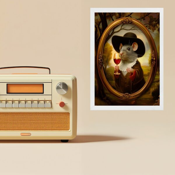 Quadro Decorativo Ratinho Vintage 33x24cm - Com Vidro Moldura