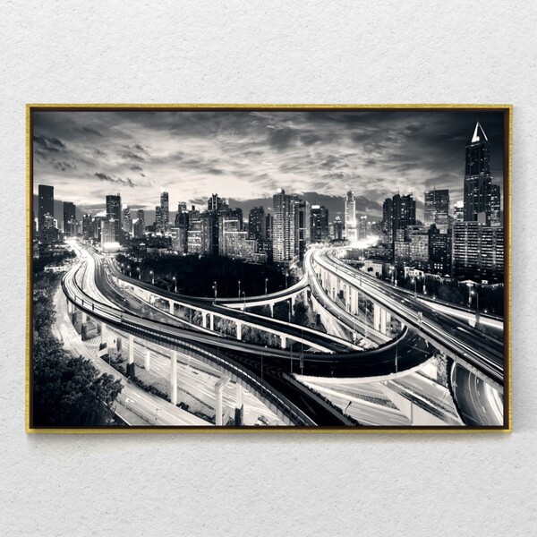 Quadro Decorativo Realista Noite P&b Horizontal Com Moldura E