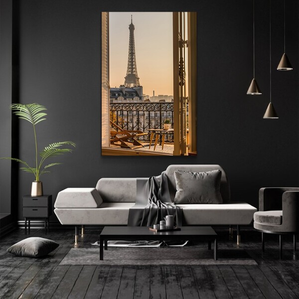 Quadro Decorativo Realista Torre Eiffel Janela Sem Moldura E