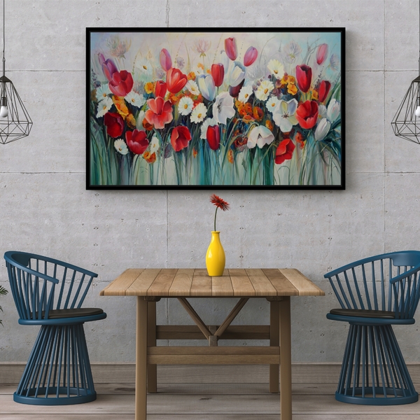 Quadro Decorativo Red And White Garden Moldura Preto 150x80