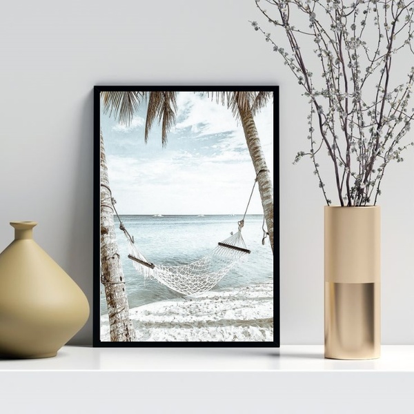 Quadro Decorativo Rede Na Praia 24x18cm Moldura Preta