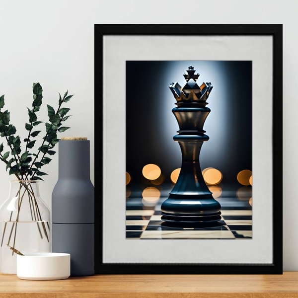 Quadro Decorativo Rei Xadrez 60x48cm Moldura Branca