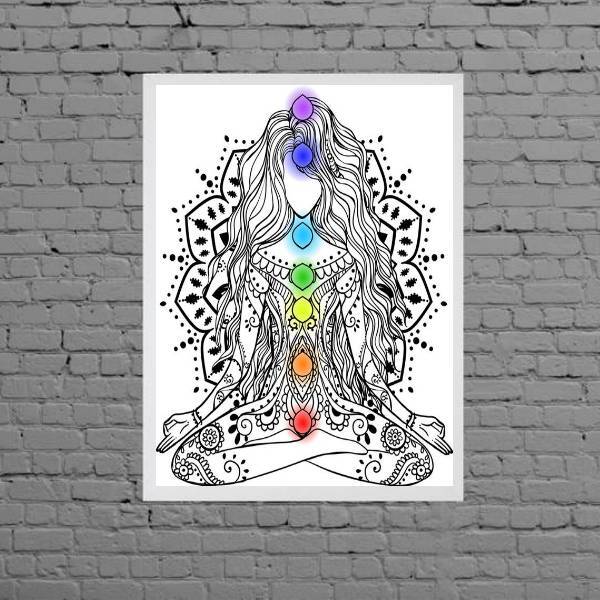Quadro Decorativo Reiki Chakras 33x24cm Moldura:madeira Branca