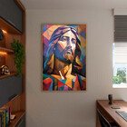 Quadro Decorativo Religioso Jesus Geométrico Face Com Moldura