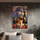 Quadro Decorativo Religioso Jesus Geométrico Face Com Moldura