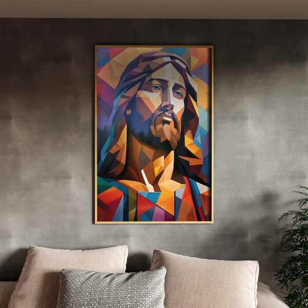 Quadro Decorativo Religioso Jesus Geométrico Face Com Moldura