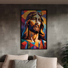 Quadro Decorativo Religioso Jesus Geométrico Face Com Moldura