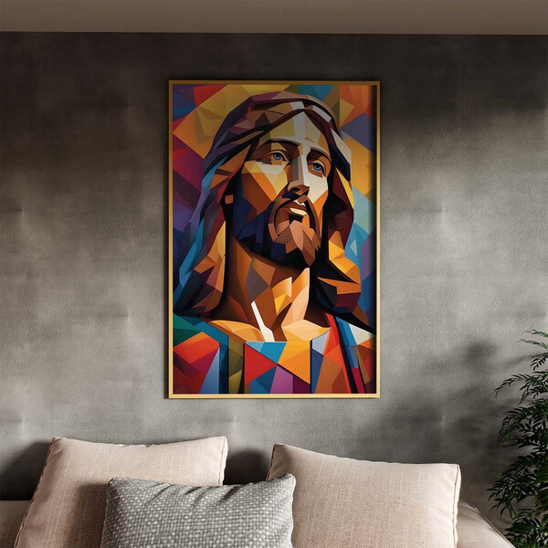Quadro Decorativo Religioso Jesus Geométrico Face Com Moldura