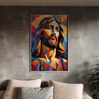 Quadro Decorativo Religioso Jesus Geométrico Face Com Moldura