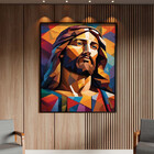 Quadro Decorativo Religioso Jesus Geométrico Face Com Moldura