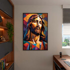 Quadro Decorativo Religioso Jesus Geométrico Face Com Moldura