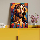 Quadro Decorativo Religioso Jesus Geométrico Face Com Moldura