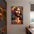 Quadro Decorativo Religioso Jesus Geométrico Face Com Moldura