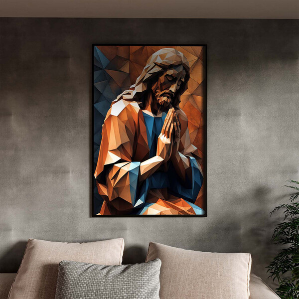 Quadro Decorativo Religioso Jesus Geométrico Orando Com Moldu