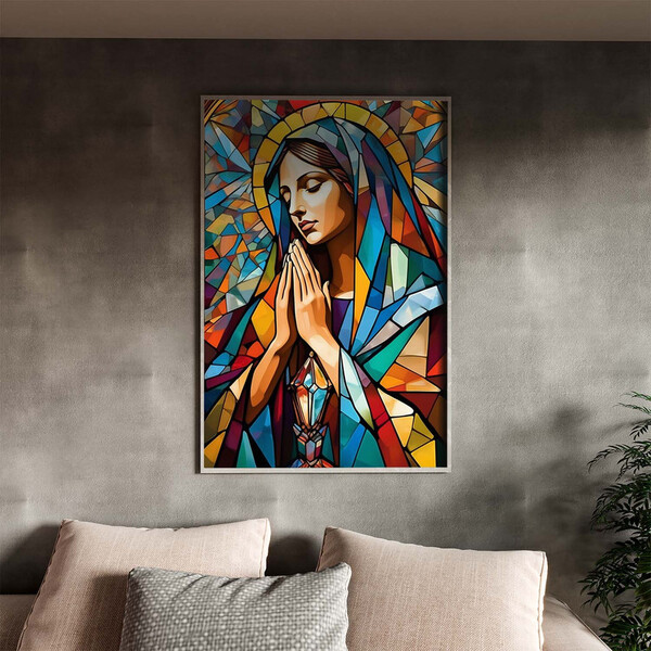 Quadro Decorativo Religioso Maria Sagrada Geométrico Com Mold