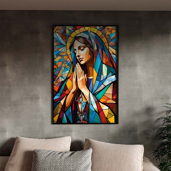 Quadro Decorativo Religioso Maria Sagrada Geométrico Com Mold