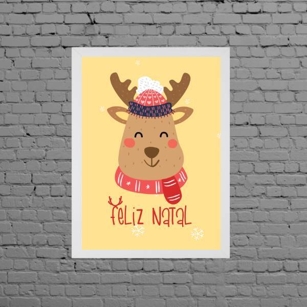 Quadro Decorativo Rena Feliz Natal 33x24cm Moldura:madeira Pr