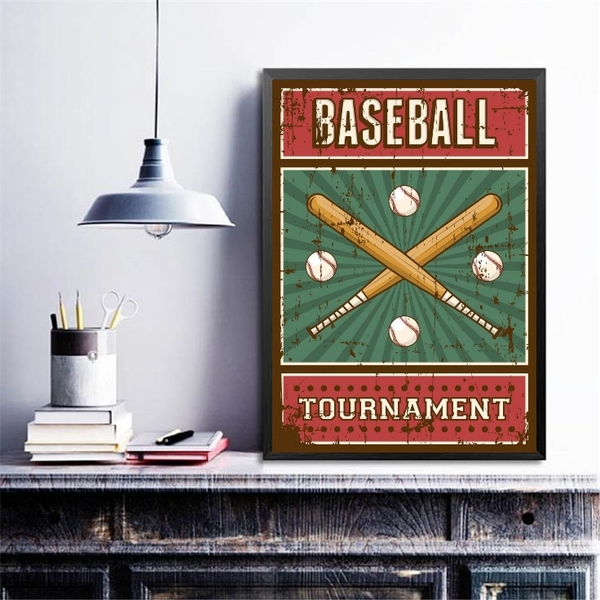 Quadro Decorativo Retrô Baseball 45x34cm - Com Vidro Moldura: