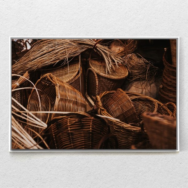 Quadro Decorativo Retrô Cestos Em Sisal Com Moldura E Sem Vid