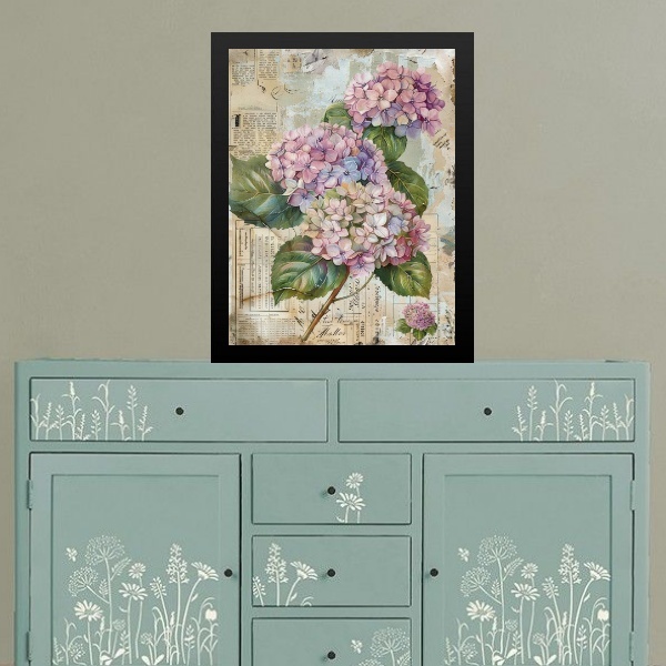 Quadro Decorativo Retrô - Hortências 45x34cm Moldura Branca