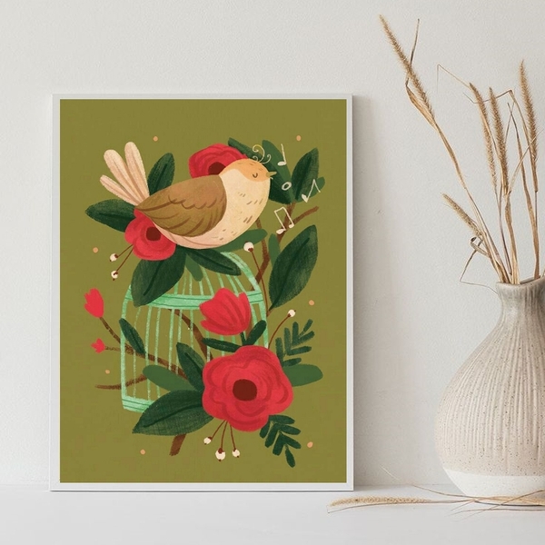 Quadro Decorativo Retrô Passarinho Cantando 45x34cm Moldura:m