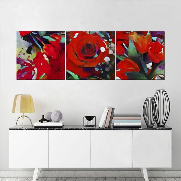 Quadro Decorativo Rosa Vermelha Com Tulipas 3 Peças