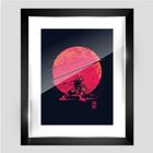 Quadro Decorativo Samurai E Lua Vermelha, Moldura Com Vidro F
