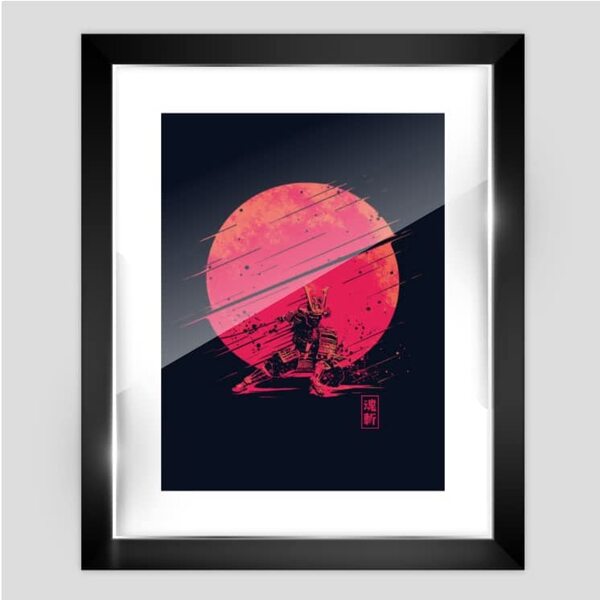 Quadro Decorativo Samurai E Lua Vermelha, Moldura Com Vidro F