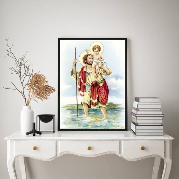 Quadro Decorativo São Cristóvão 45x34cm Moldura:madeira Preta