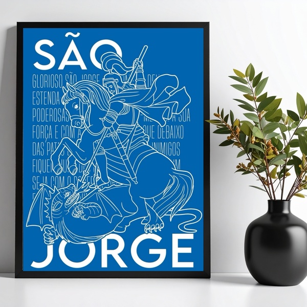 Quadro Decorativo São Jorge Azul 33x24cm - Com Vidro Moldura