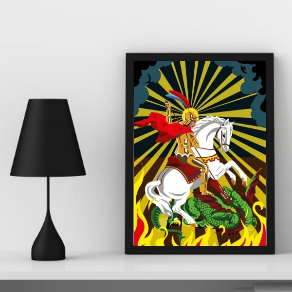 Quadro Decorativo São Jorge Fundo Colorido 33x24cm - Com Vidr