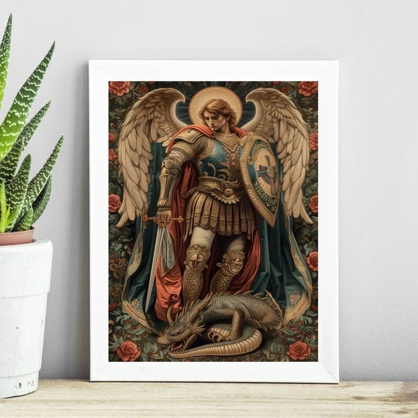 Quadro Decorativo São Miguel Arcanjo - Flores 24x18cm - Com V