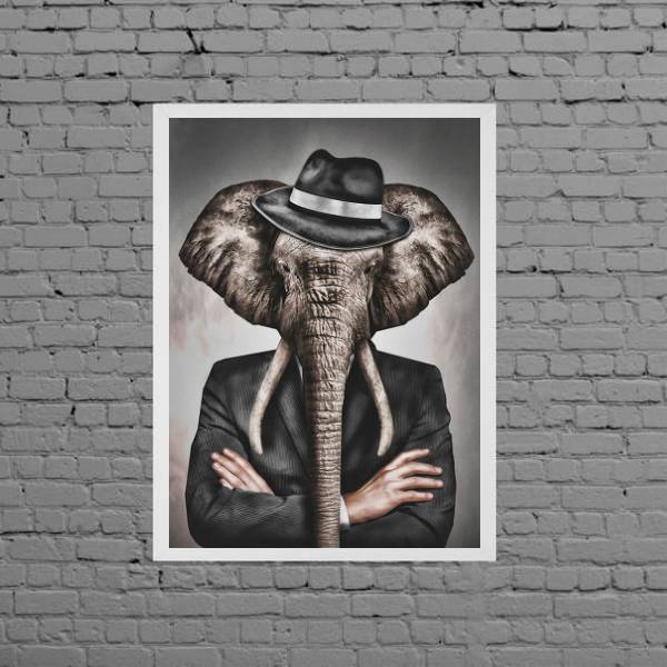 Quadro Decorativo Senhor Elefante 33x24cm - Com Vidro Moldura