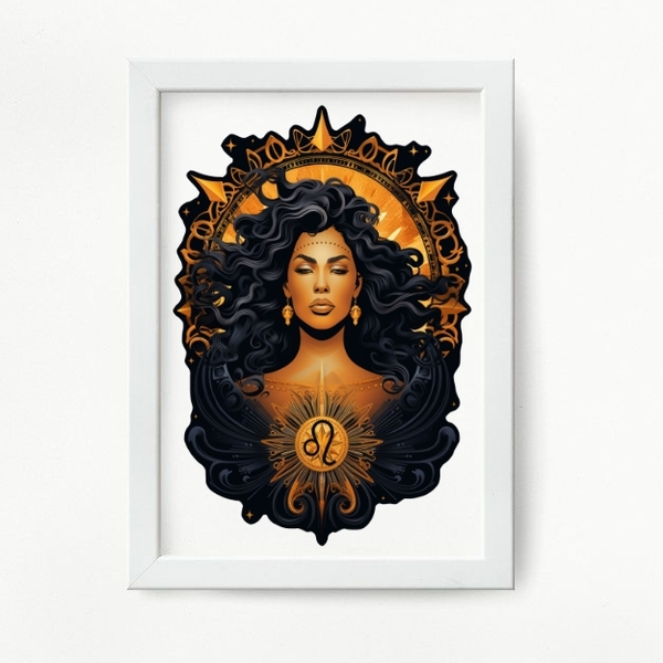 Quadro Decorativo Signo De leão 24x18cm Moldura:madeira Preta