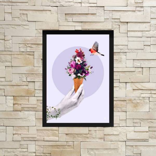 Quadro Decorativo Sorvete Com Flores 24x18cm - Com Vidro Mold