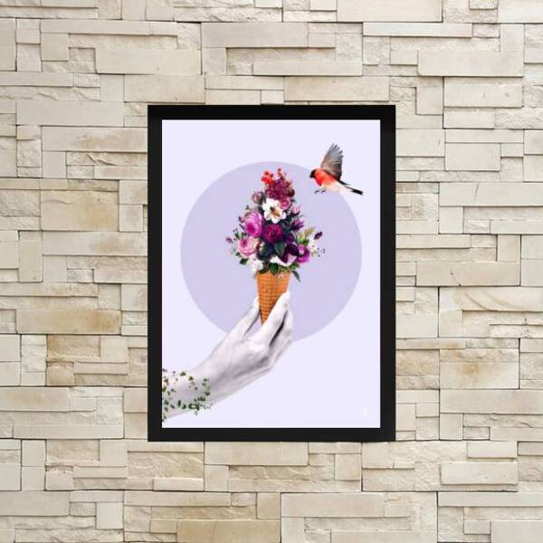Quadro Decorativo Sorvete Com Flores 24x18cm Moldura:madeira